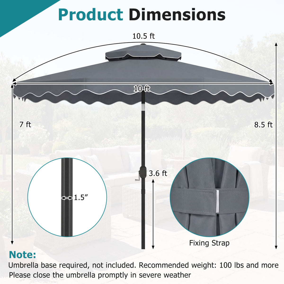 10 Feet Patio Umbrella with Push Button Tilt and Crank-Gray view 5