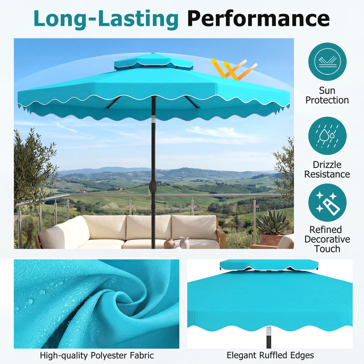 10 Feet Patio Umbrella with Push Button Tilt and Crank-Turquoise view 7
