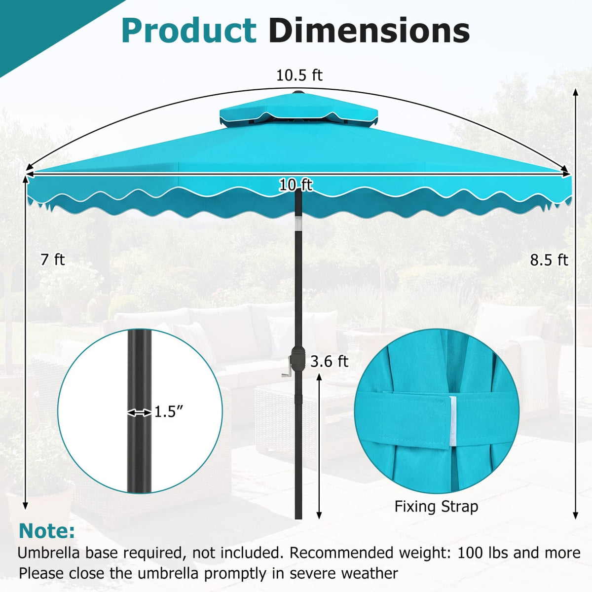 10 Feet Patio Umbrella with Push Button Tilt and Crank-Turquoise view 5