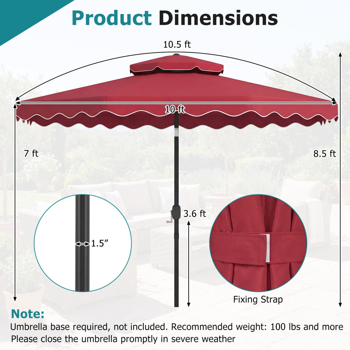 10 Feet Patio Umbrella with Push Button Tilt and Crank-Wine view 5