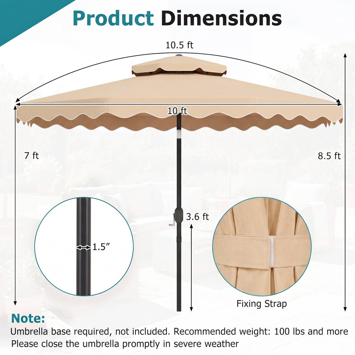 10 Feet Patio Umbrella with Push Button Tilt and Crank-Beige view 5