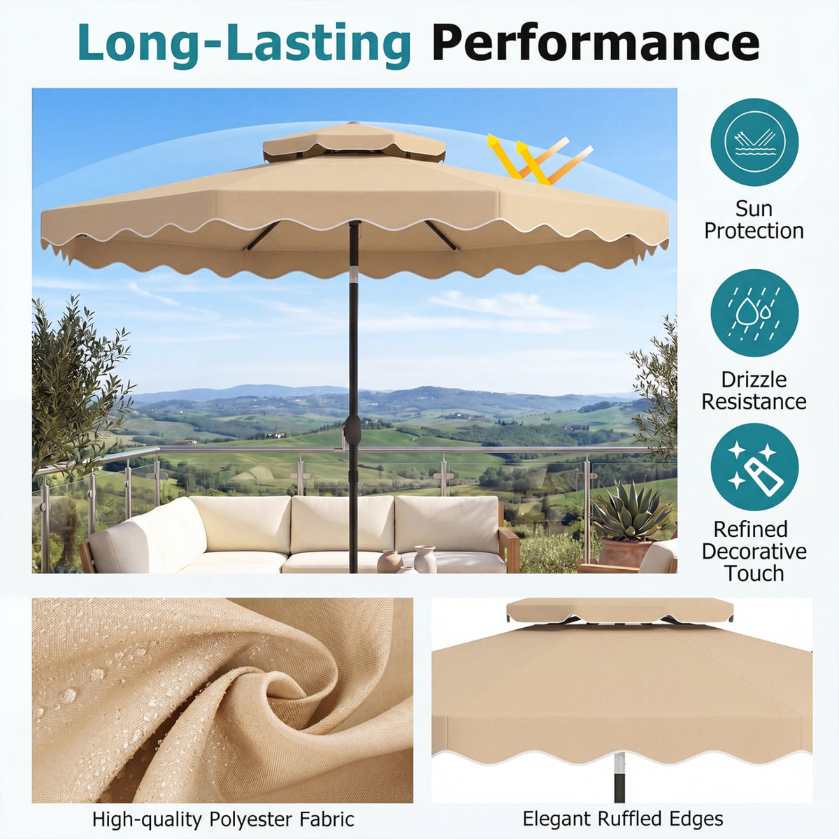 10 Feet Patio Umbrella with Push Button Tilt and Crank-Beige view 7