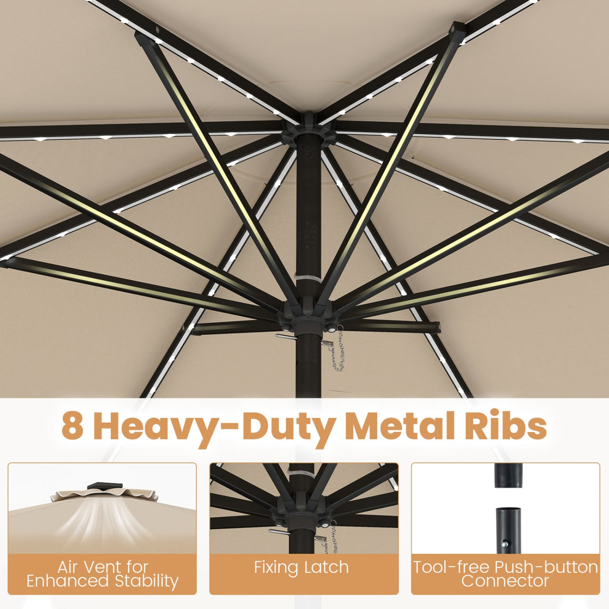 10 Feet Solar Patio Umbrella with Color-Changing LED Lights-Beige view 9
