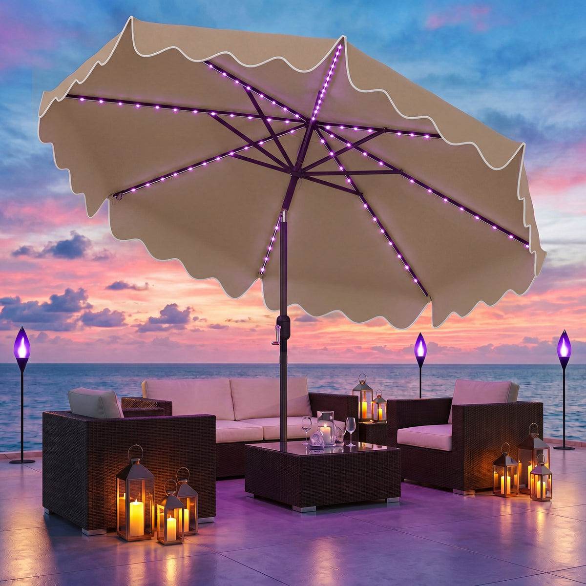 10 Feet Solar Patio Umbrella with Color-Changing LED Lights-Brown view 5