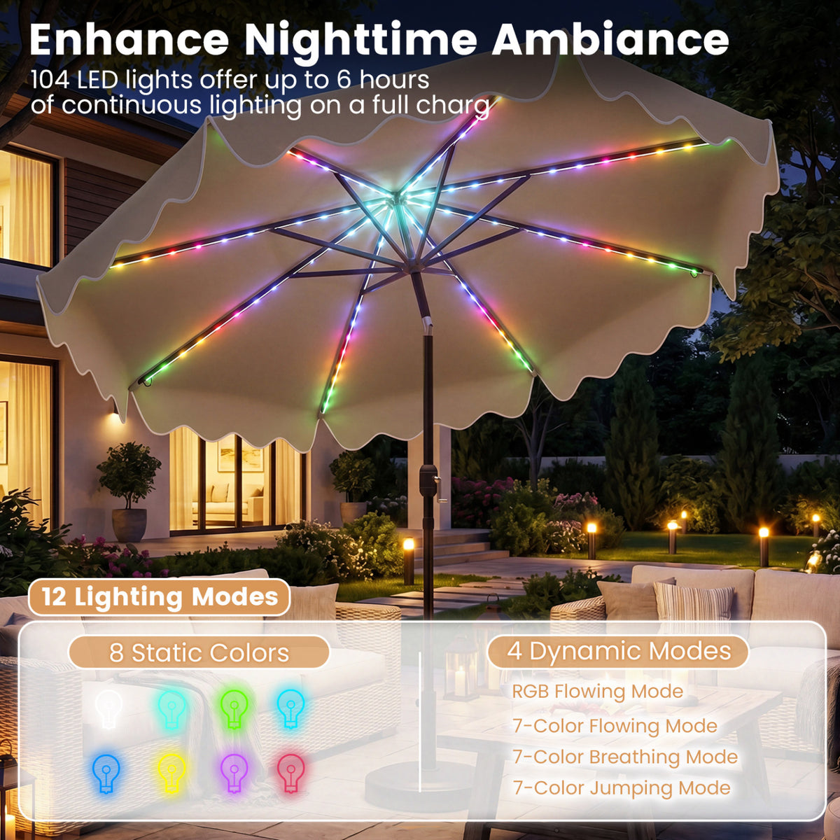 10 Feet Solar Patio Umbrella with Color-Changing LED Lights-Brown view 7