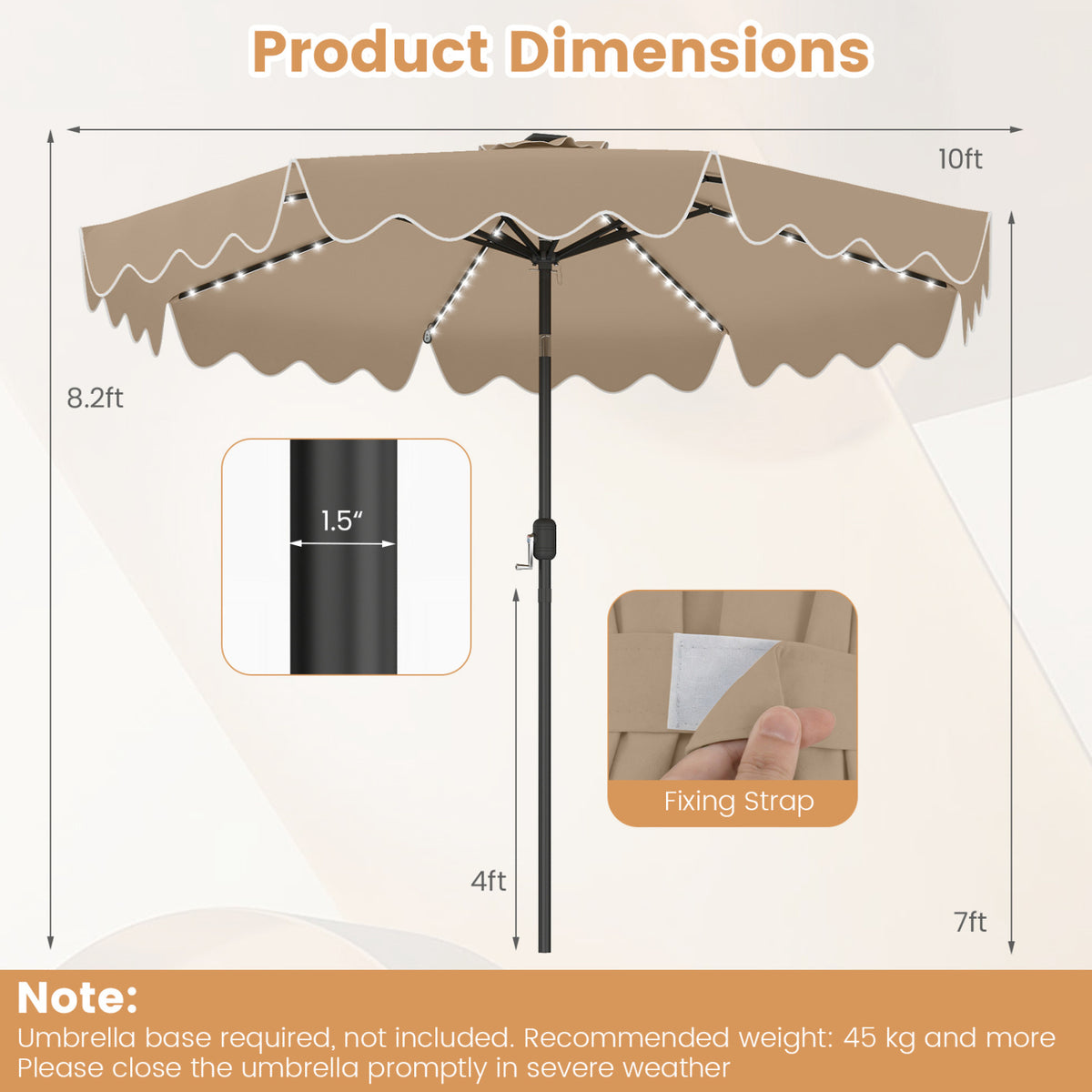 10 Feet Solar Patio Umbrella with Color-Changing LED Lights-Brown view 4