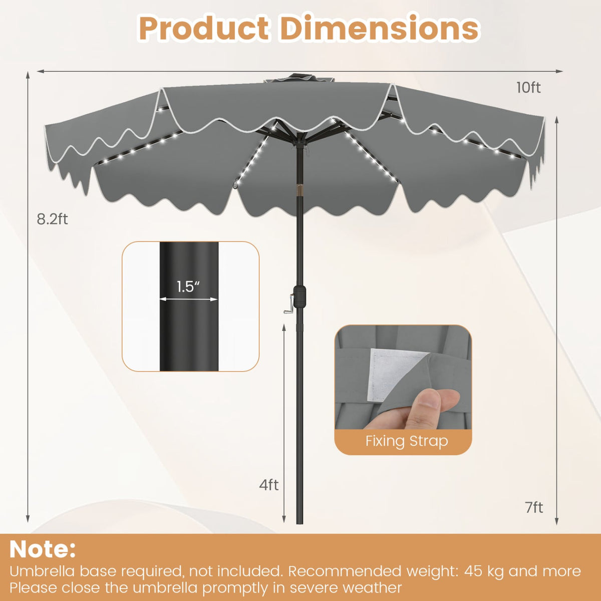 10 Feet Solar Patio Umbrella with Color-Changing LED Lights-Gray view 4