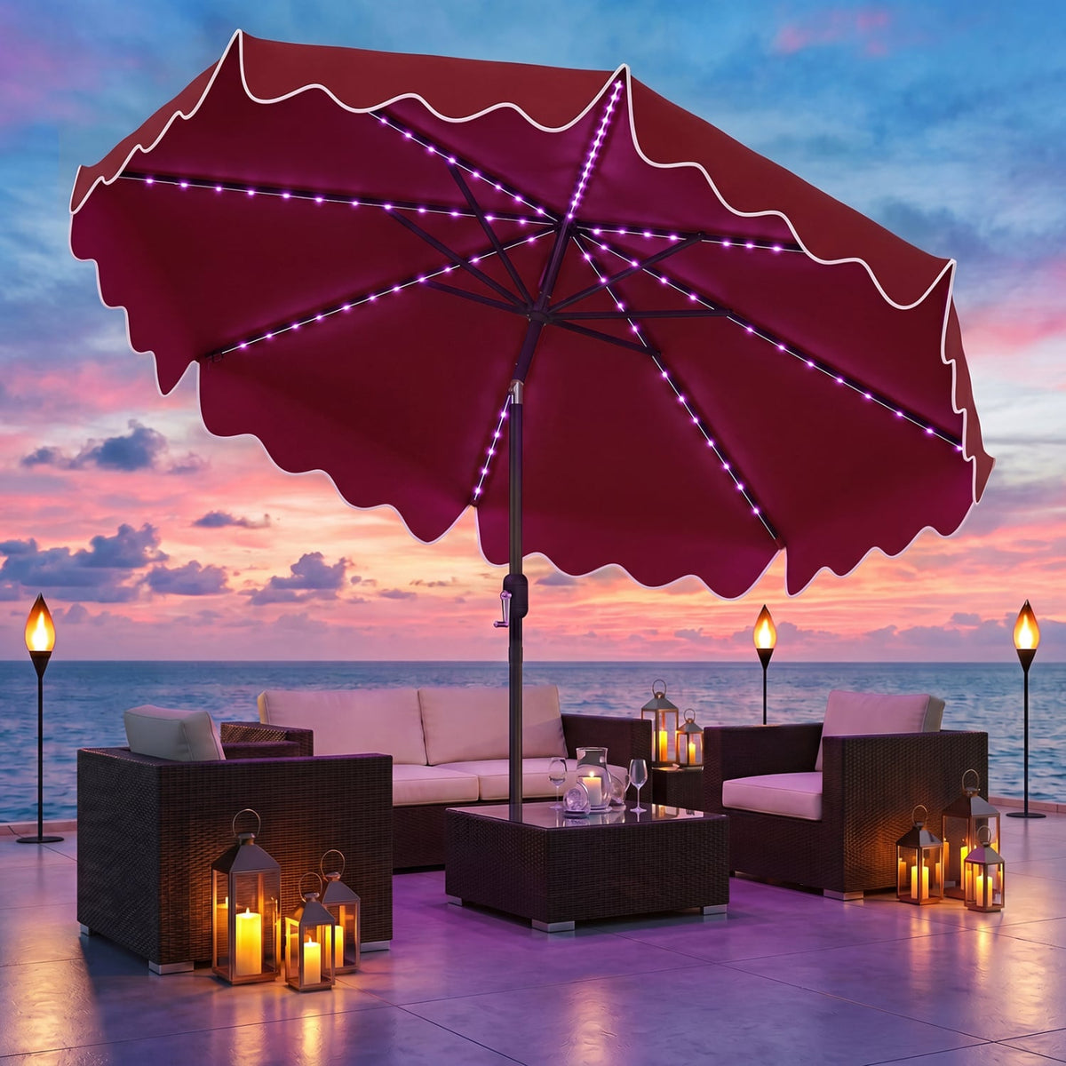 10 Feet Solar Patio Umbrella with Color-Changing LED Lights-Wine view 5