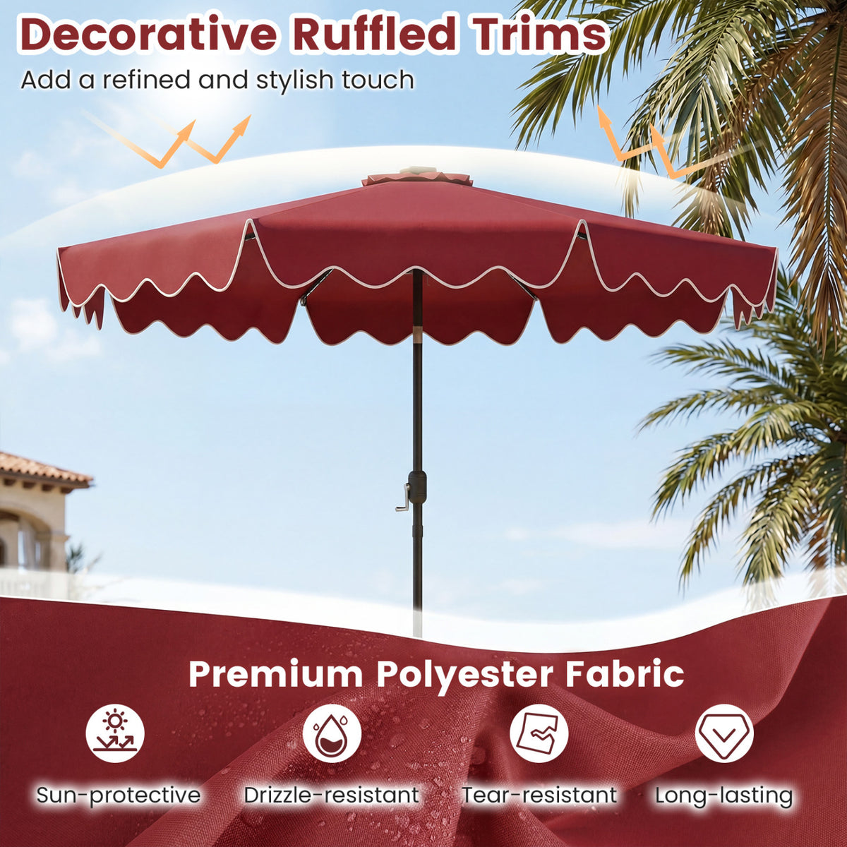 10 Feet Solar Patio Umbrella with Color-Changing LED Lights-Wine view 6