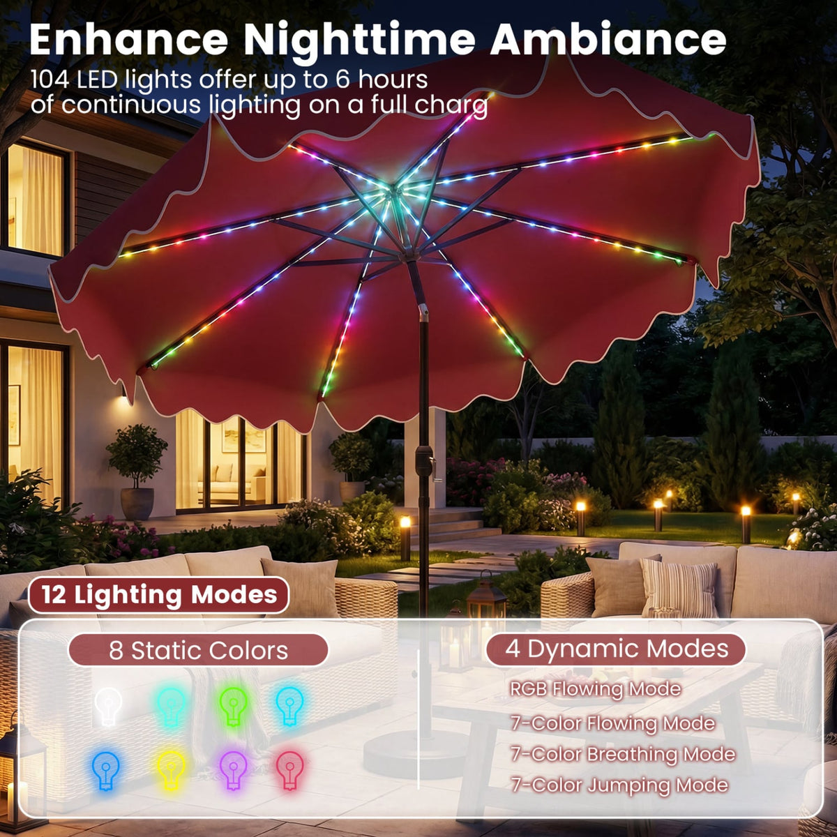 10 Feet Solar Patio Umbrella with Color-Changing LED Lights-Wine view 7