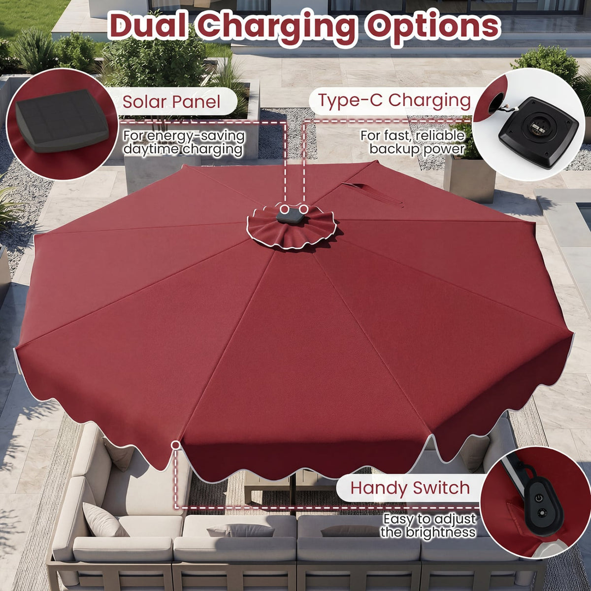 10 Feet Solar Patio Umbrella with Color-Changing LED Lights-Wine view 8