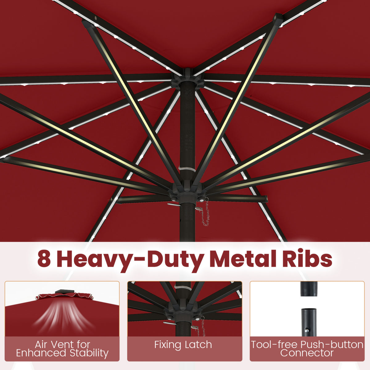 10 Feet Solar Patio Umbrella with Color-Changing LED Lights-Wine view 9