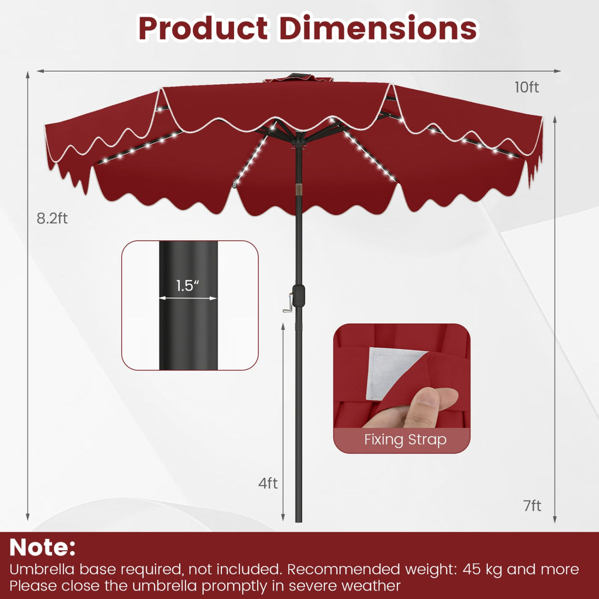 10 Feet Solar Patio Umbrella with Color-Changing LED Lights-Wine view 4