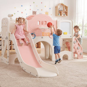 10 in 1 Toddler Slide Set Kids Slide and Climber Playset Indoor Playground-Pink view 2