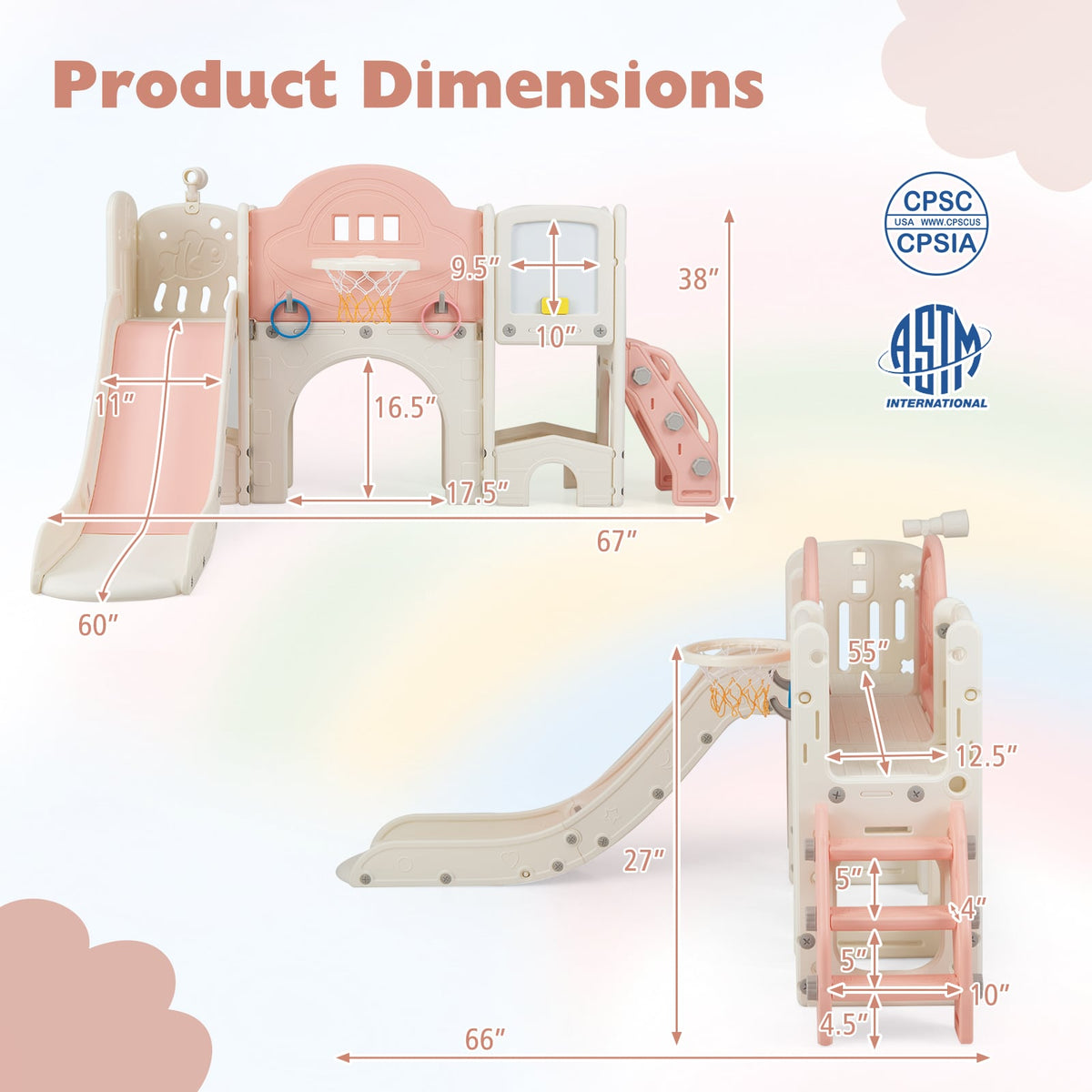 10 in 1 Toddler Slide Set Kids Slide and Climber Playset Indoor Playground-Pink view 5