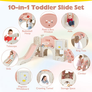 10 in 1 Toddler Slide Set Kids Slide and Climber Playset Indoor Playground-Pink view 6