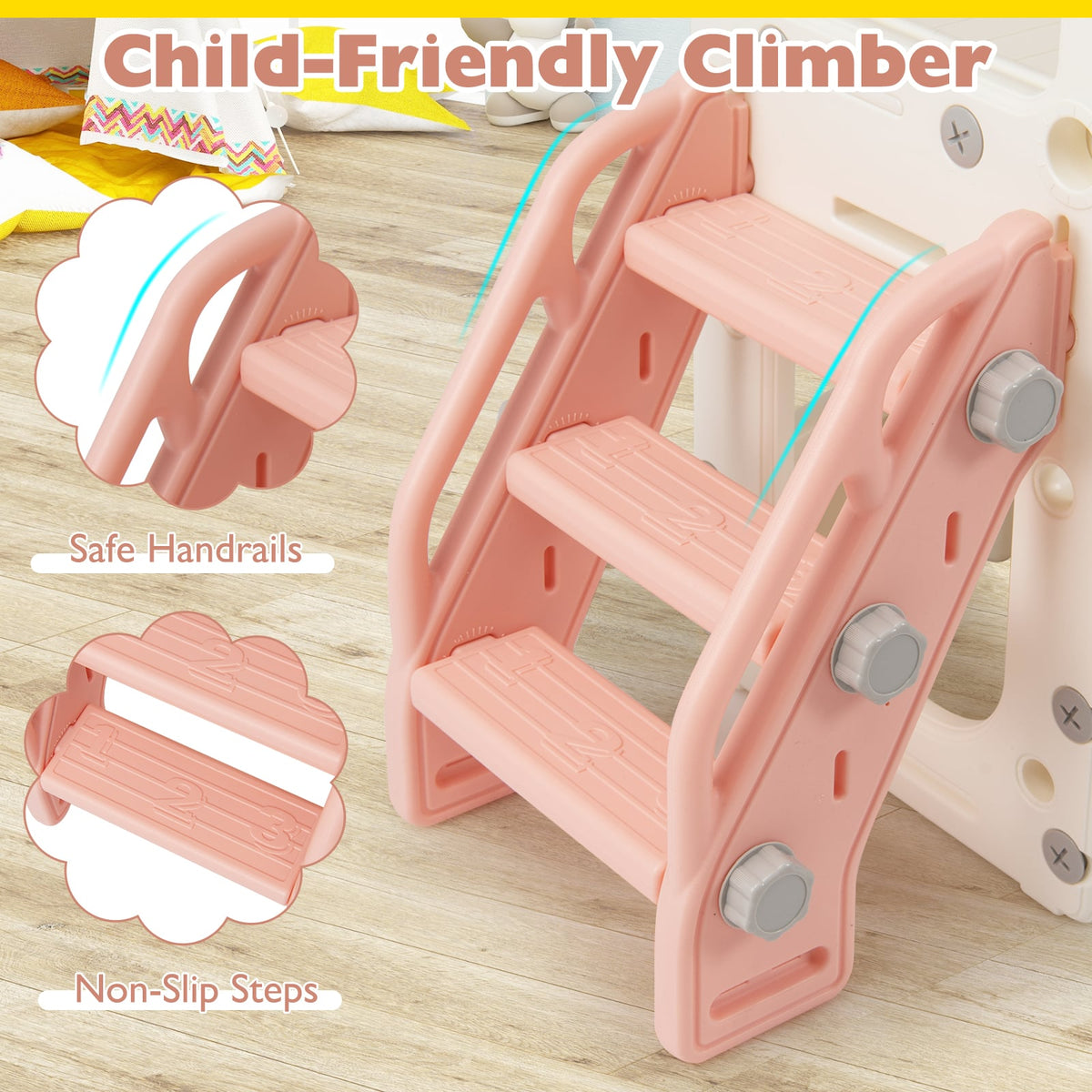 10 in 1 Toddler Slide Set Kids Slide and Climber Playset Indoor Playground-Pink view 8