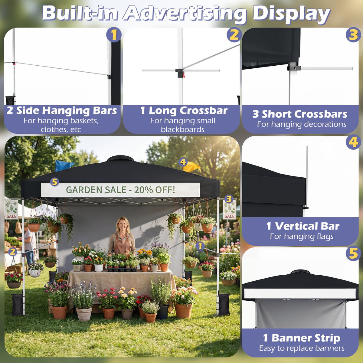 10 x 10 Feet Foldable Commercial Pop-up Canopy with Roller Bag and Banner Strip-Black view 8