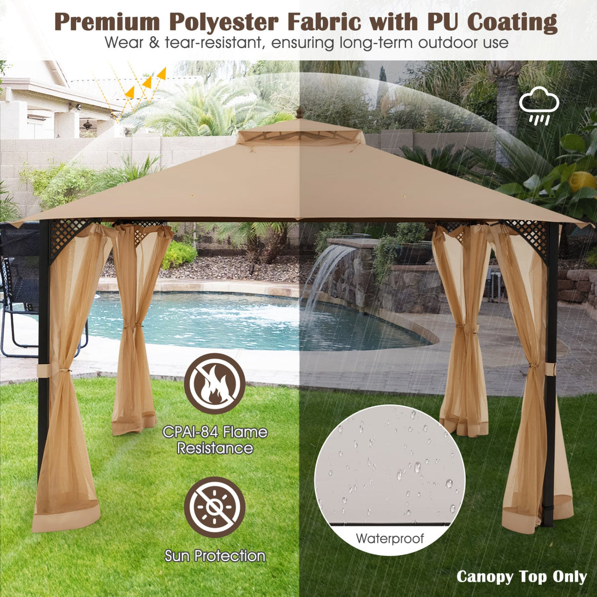 10 x 12 Feet Gazebo Replacement Top with Air Vent and Drainage Holes-Brown view 6