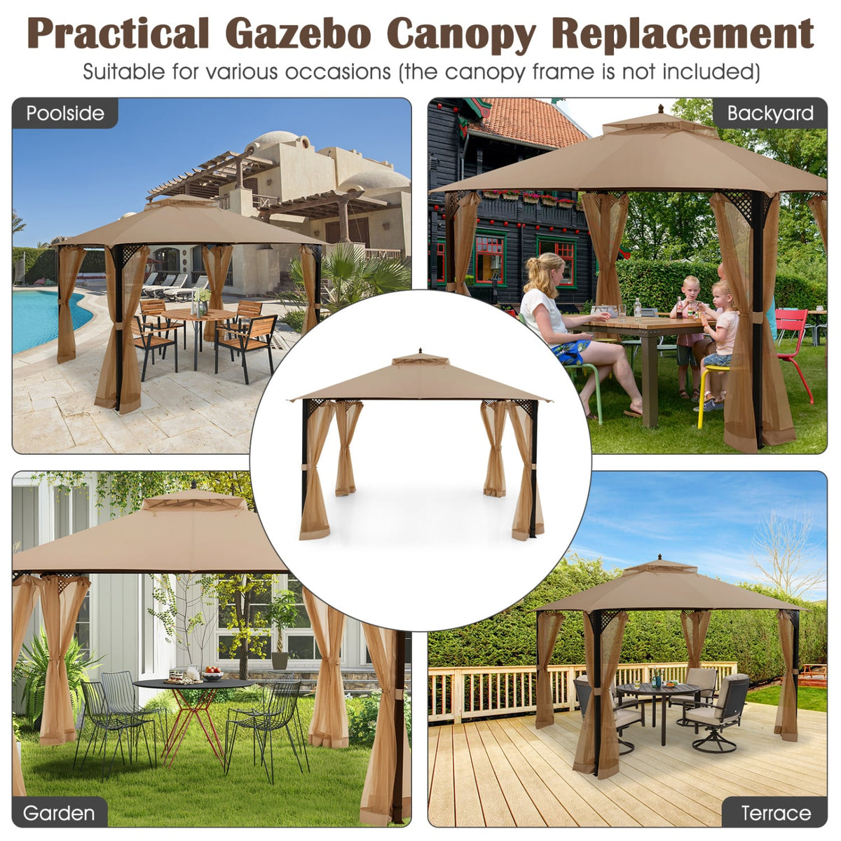 10 x 12 Feet Gazebo Replacement Top with Air Vent and Drainage Holes-Brown view 8