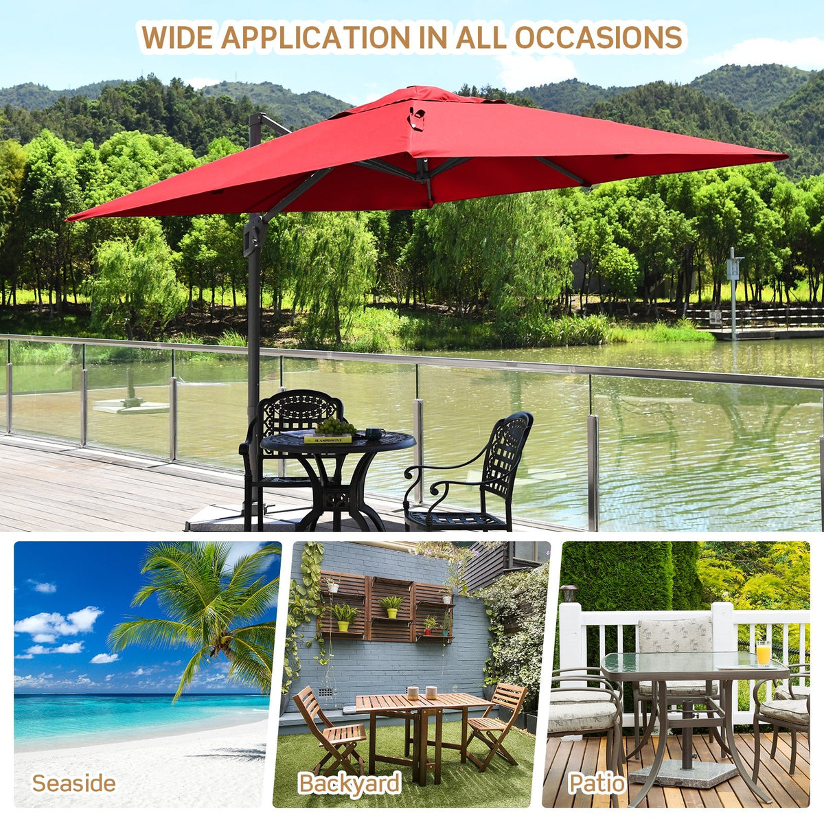 10 x 10 Feet Patio Offset Cantilever Umbrella with Aluminum 360-degree Rotation Tilt-Wine view 3