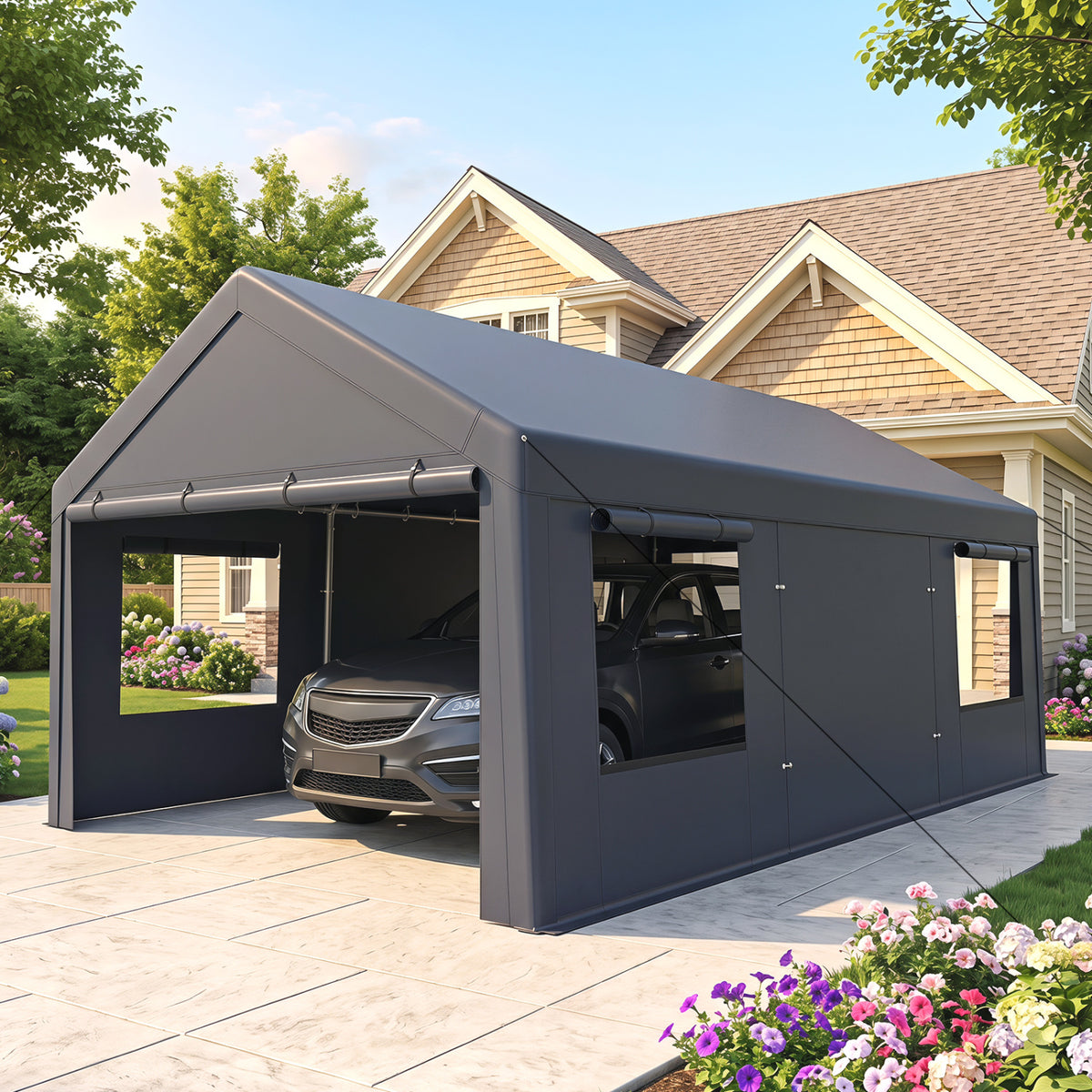 10x20 FT Portable Garage with 2 Doors & 4 Mesh Windows and PE Cover for Car-Gray view 2