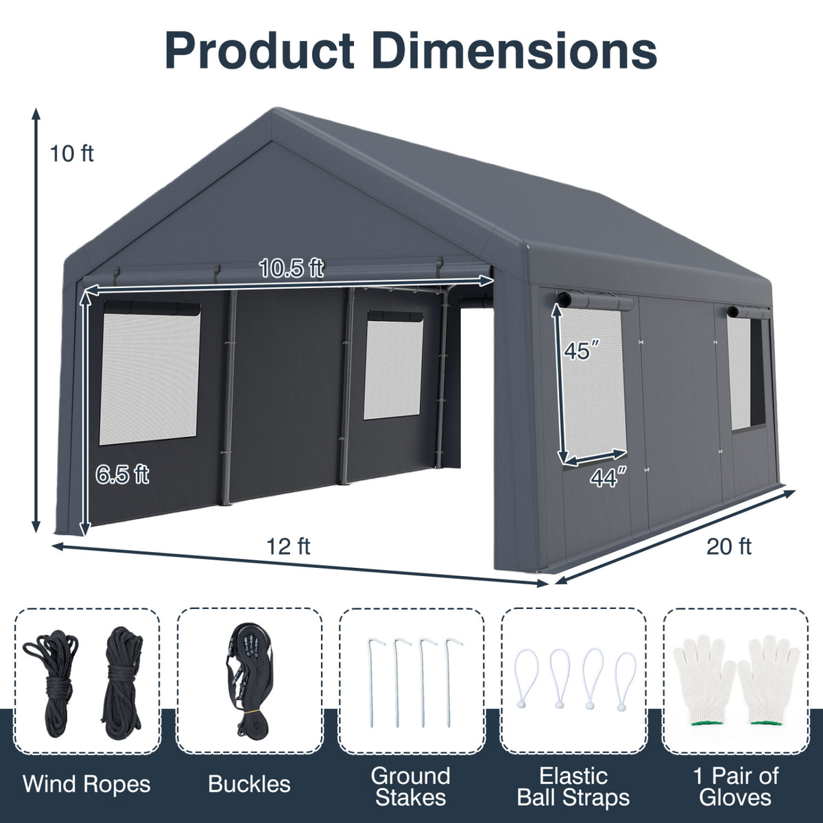 10x20 FT Portable Garage with 2 Doors & 4 Mesh Windows and PE Cover for Car-Gray view 4