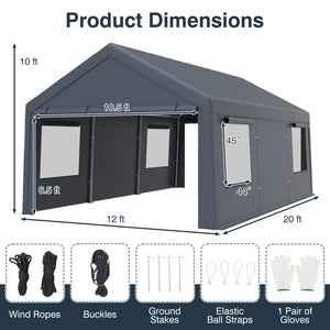 10x20 FT Portable Garage with 2 Doors & 4 Mesh Windows and PE Cover for Car-Gray view 4
