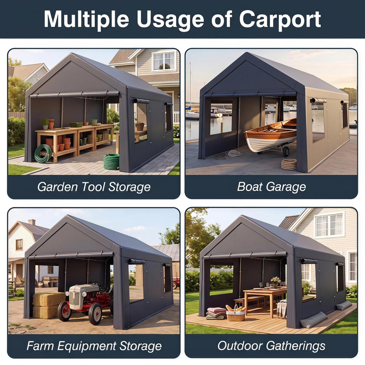 10x20 FT Portable Garage with 2 Doors & 4 Mesh Windows and PE Cover for Car-Gray view 9