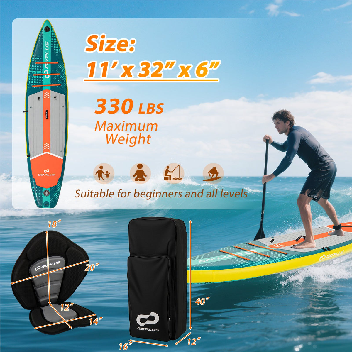 11 Feet Inflatable Stand Up Paddle Board with Kayak Seat for Adults-L view 2