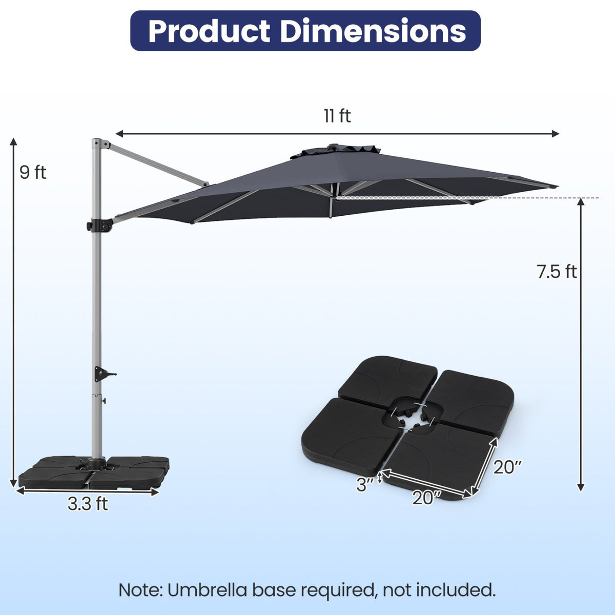11 Feet Patio Offset Cantilever Umbrella 360° Rotation Aluminum Tilt-Gray view 3