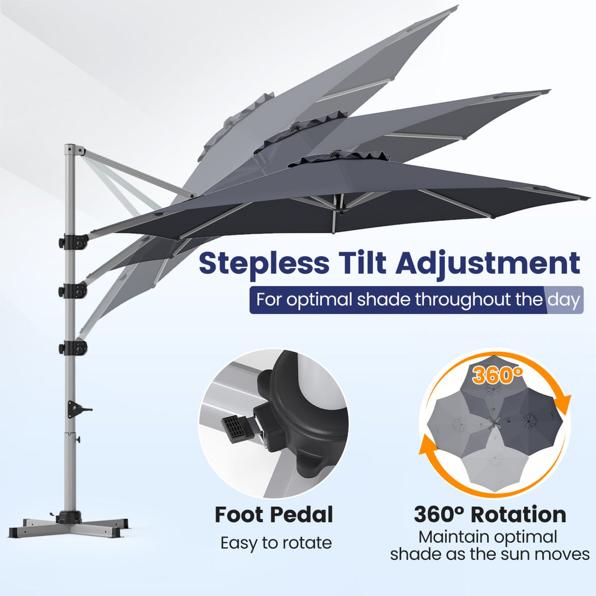 11 Feet Patio Offset Cantilever Umbrella 360° Rotation Aluminum Tilt-Gray view 9