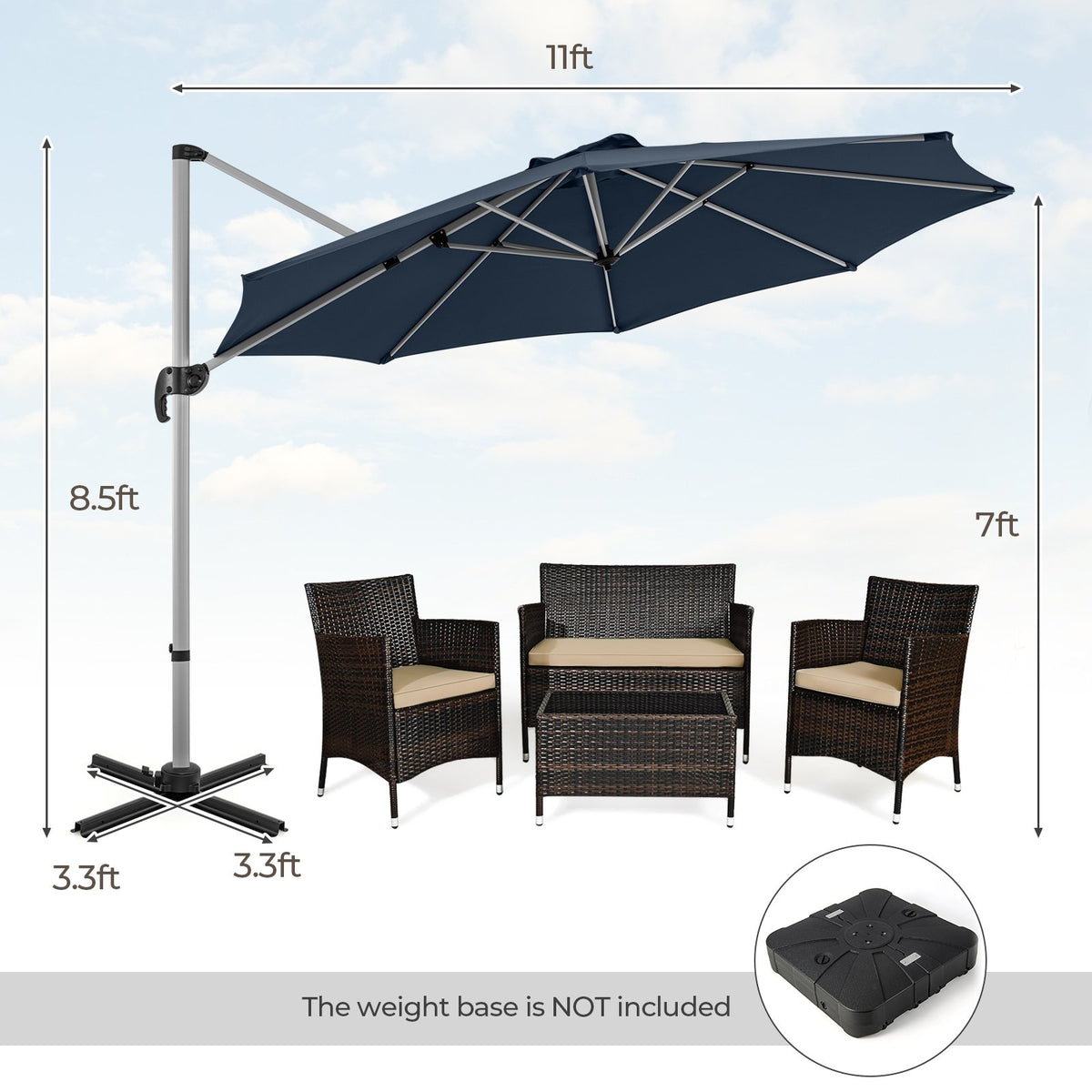11 FT Outdoor Patio Umbrella with 360° Rotation and Adjustable Tilt-Navy view 4