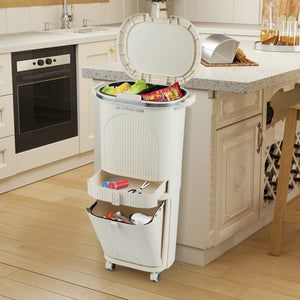 11 Gallon 3-Layer Kitchen Trash Can with Lid and 2 Removable Buckets-Beige view 2