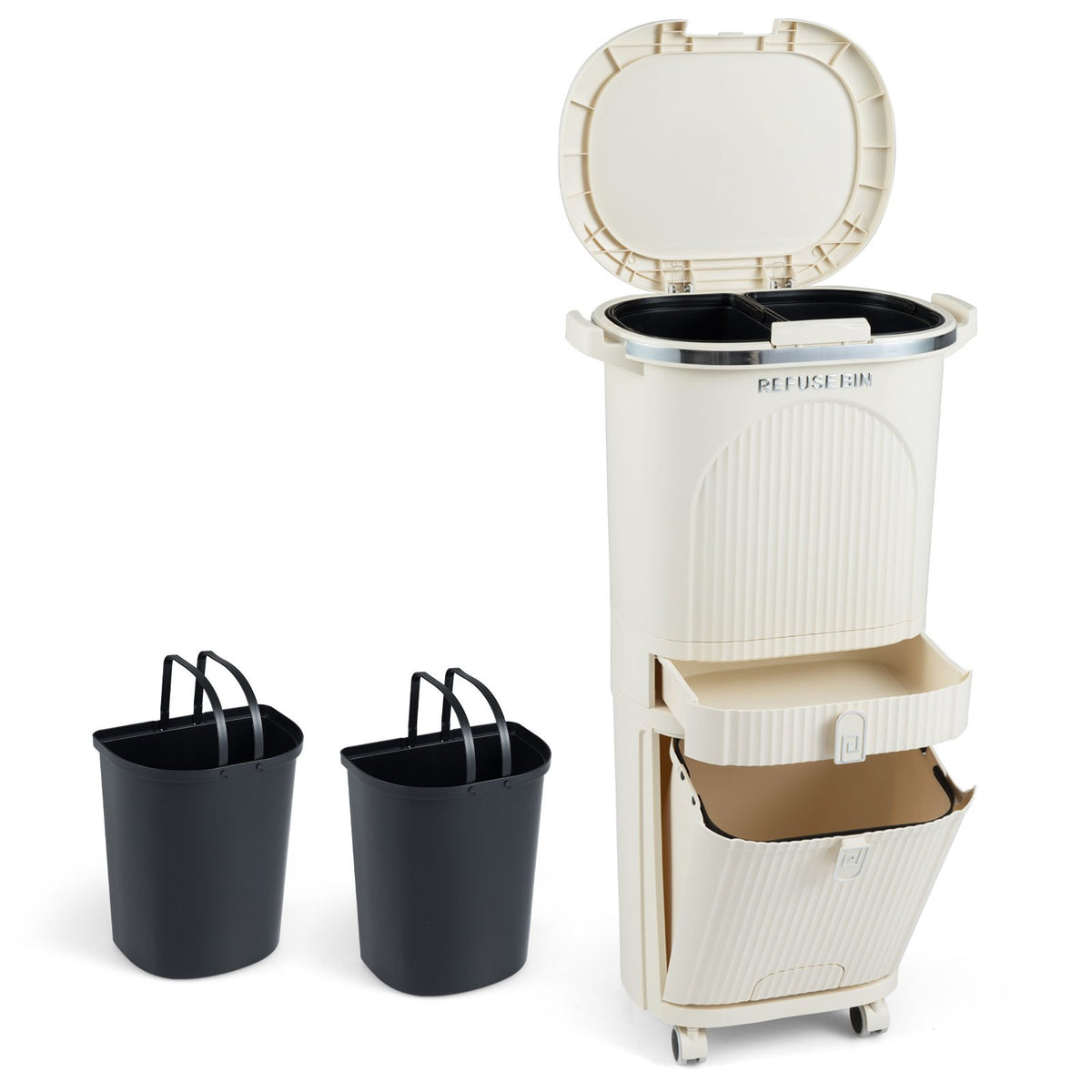 11 Gallon 3-Layer Kitchen Trash Can with Lid and 2 Removable Buckets-Beige view 3