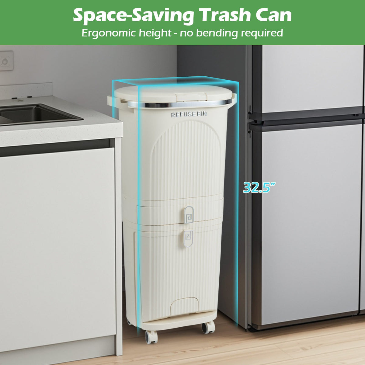 11 Gallon 3-Layer Kitchen Trash Can with Lid and 2 Removable Buckets-Beige view 5