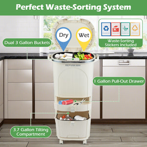 11 Gallon 3-Layer Kitchen Trash Can with Lid and 2 Removable Buckets-Beige view 7