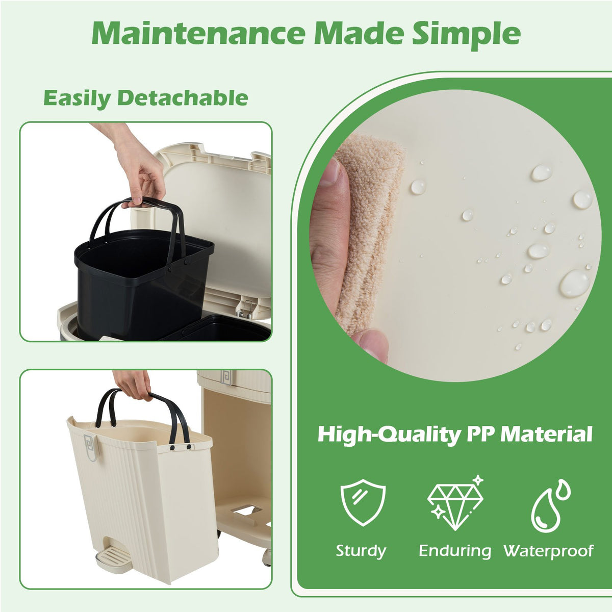 11 Gallon 3-Layer Kitchen Trash Can with Lid and 2 Removable Buckets-Beige view 8