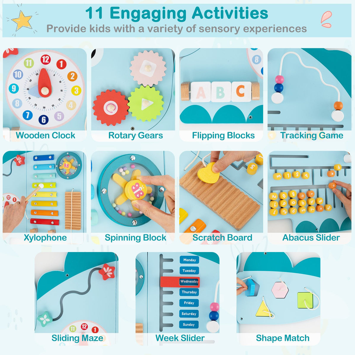 11-in-1 Dinosaur Activity Wall Busy Board Panels for Toddlers Education and Early Development-Blue view 6