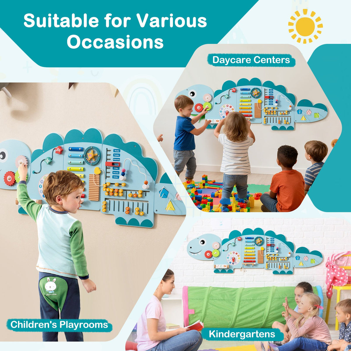 11-in-1 Dinosaur Activity Wall Busy Board Panels for Toddlers Education and Early Development-Blue view 9