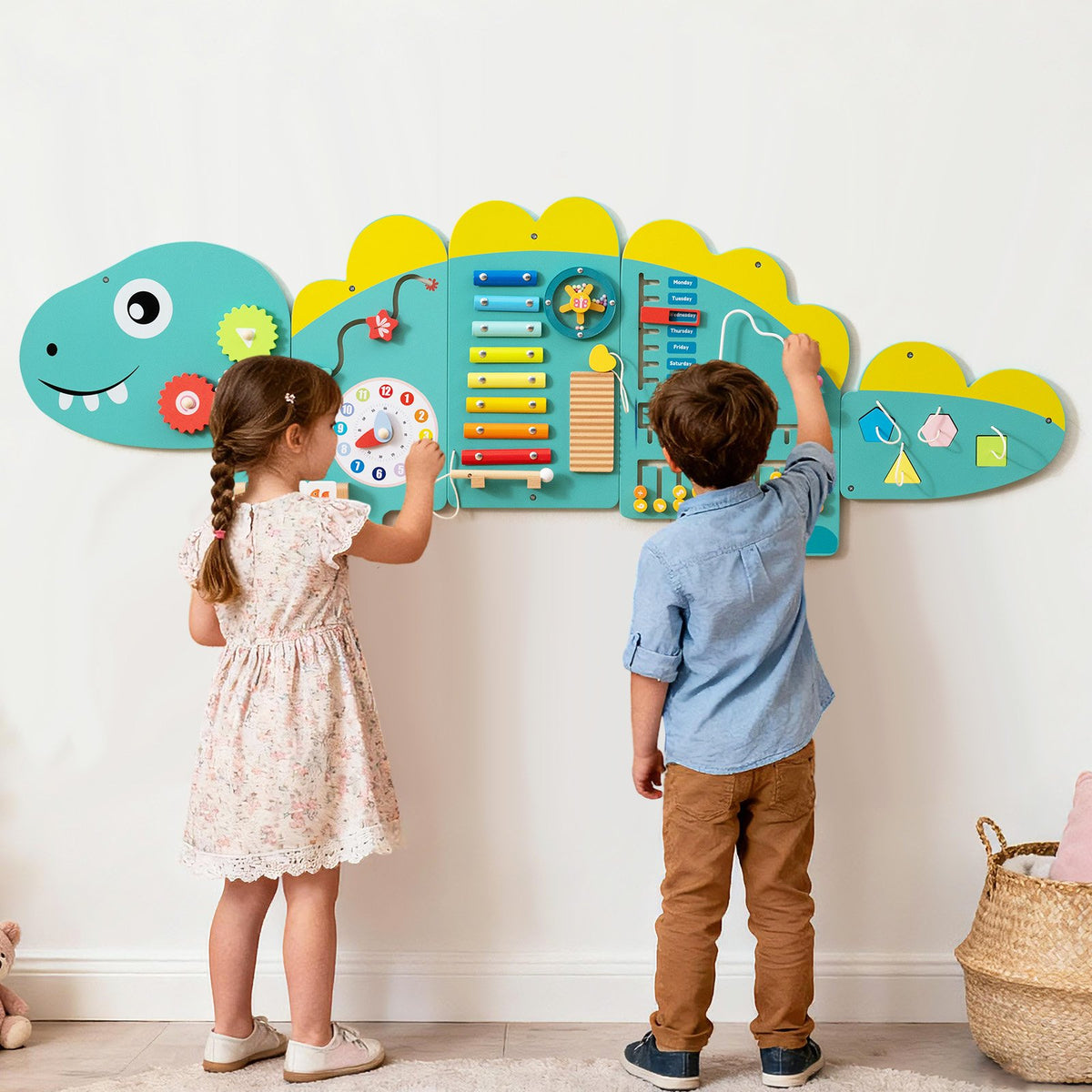11-in-1 Dinosaur Activity Wall Busy Board Panels for Toddlers Education and Early Development-Green view 2