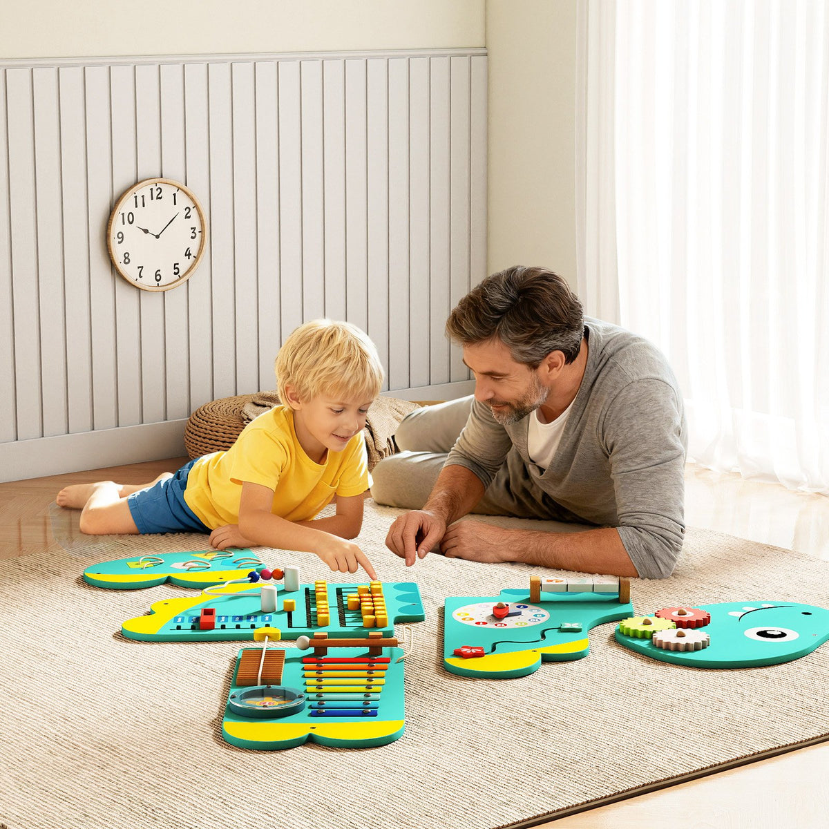 11-in-1 Dinosaur Activity Wall Busy Board Panels for Toddlers Education and Early Development-Green view 3