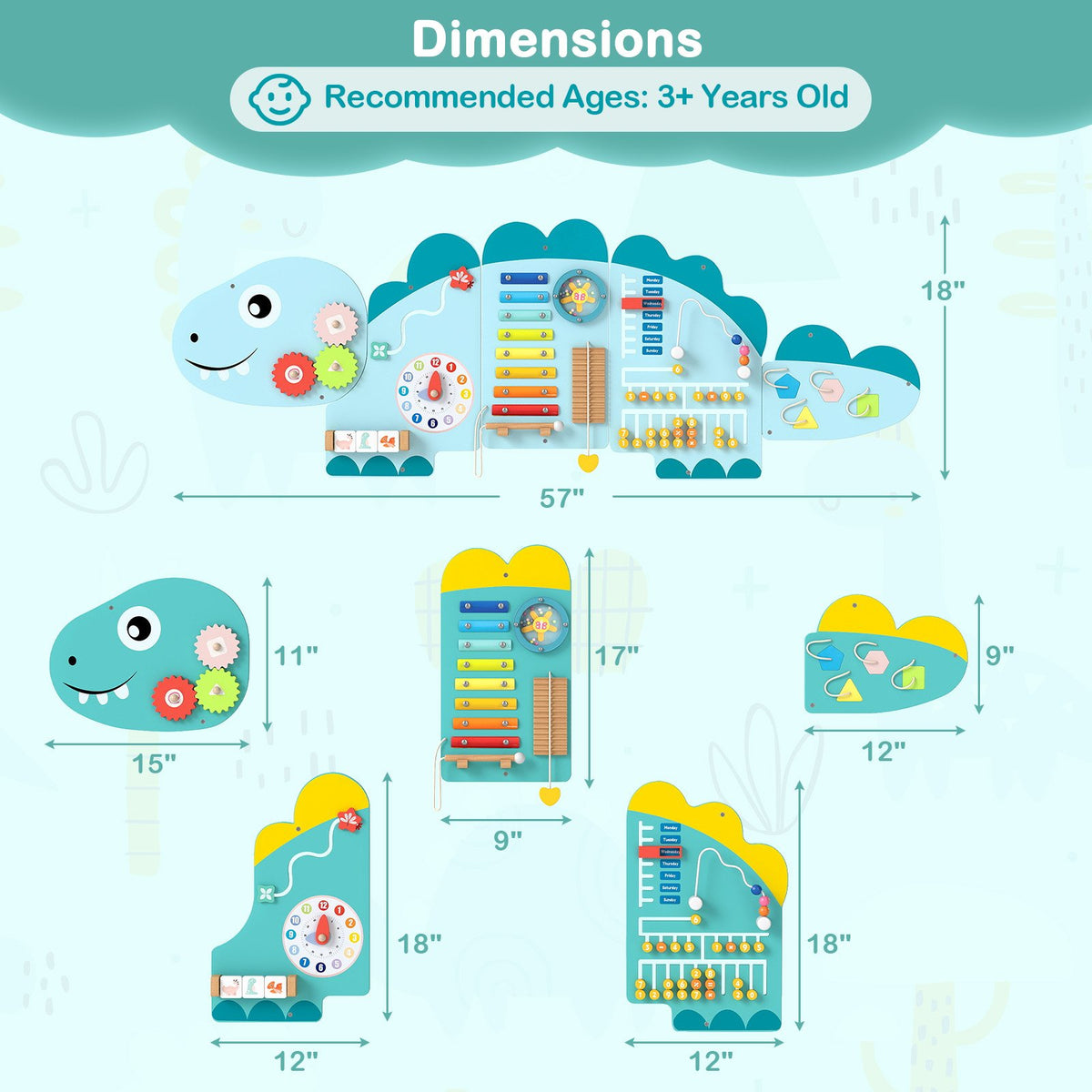11-in-1 Dinosaur Activity Wall Busy Board Panels for Toddlers Education and Early Development-Green view 5