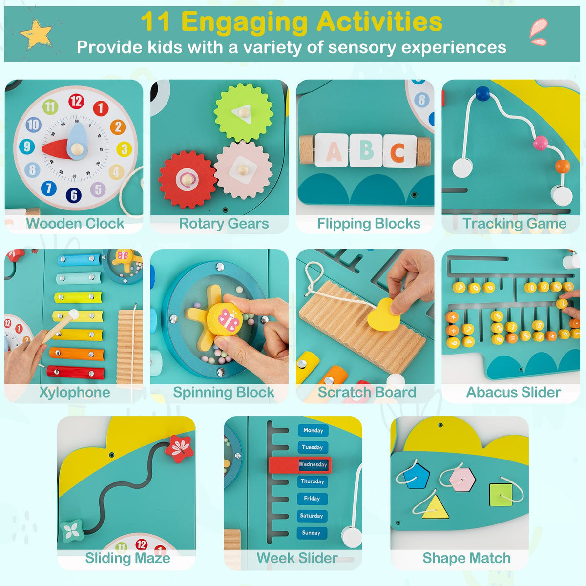 11-in-1 Dinosaur Activity Wall Busy Board Panels for Toddlers Education and Early Development-Green view 6