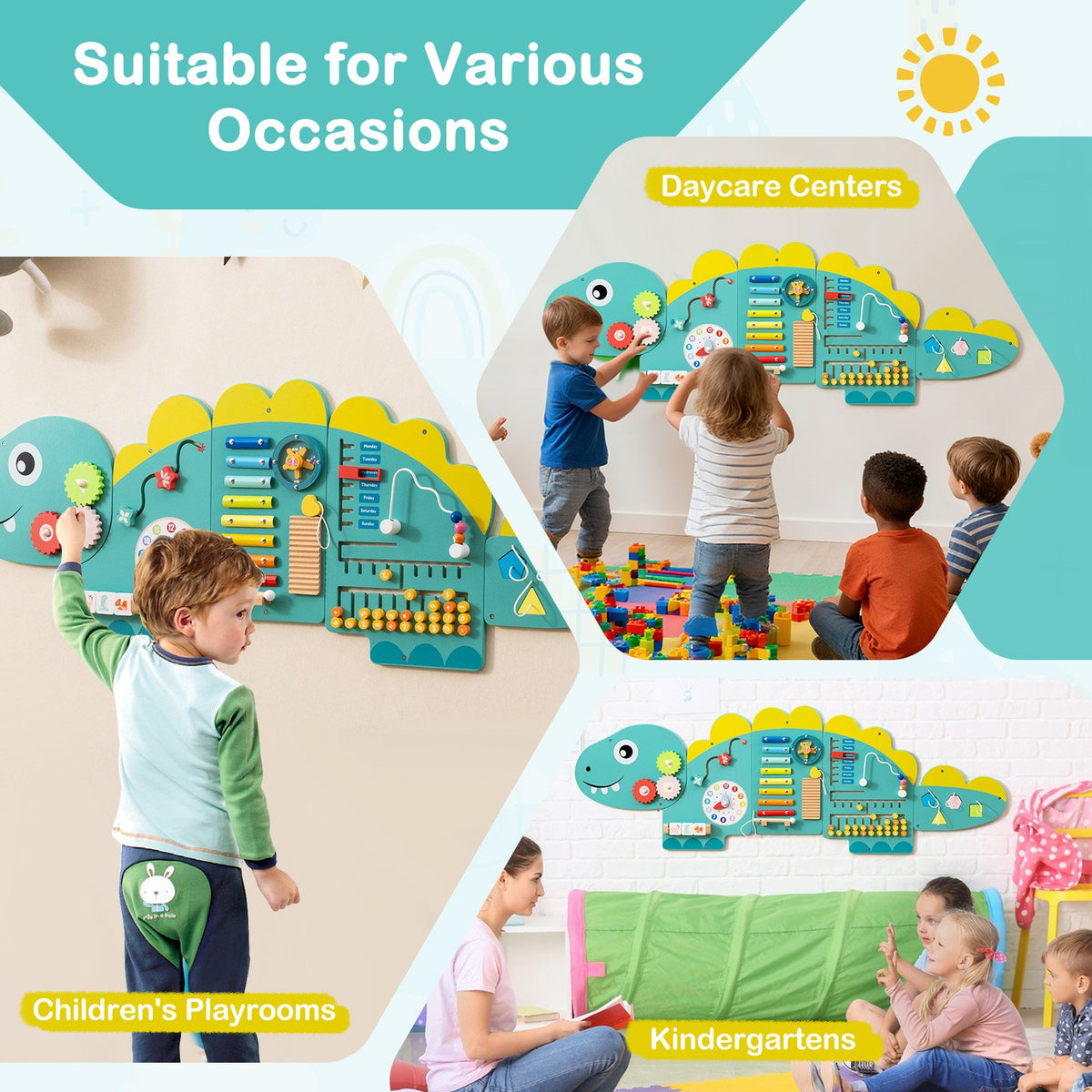 11-in-1 Dinosaur Activity Wall Busy Board Panels for Toddlers Education and Early Development-Green view 9