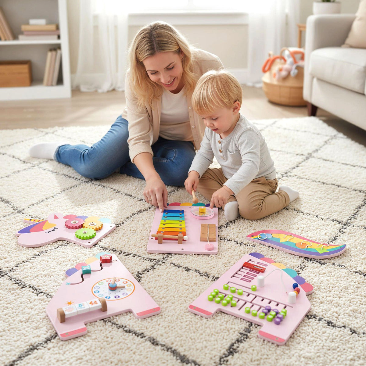 11-in-1 Dinosaur Activity Wall Busy Board Panels for Toddlers Education and Early Development-Pink view 3