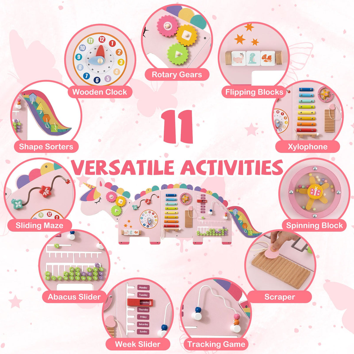11-in-1 Dinosaur Activity Wall Busy Board Panels for Toddlers Education and Early Development-Pink view 7