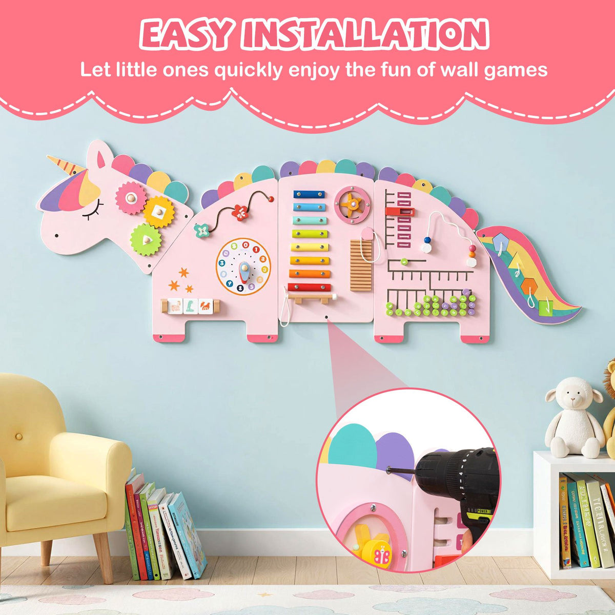 11-in-1 Dinosaur Activity Wall Busy Board Panels for Toddlers Education and Early Development-Pink view 8