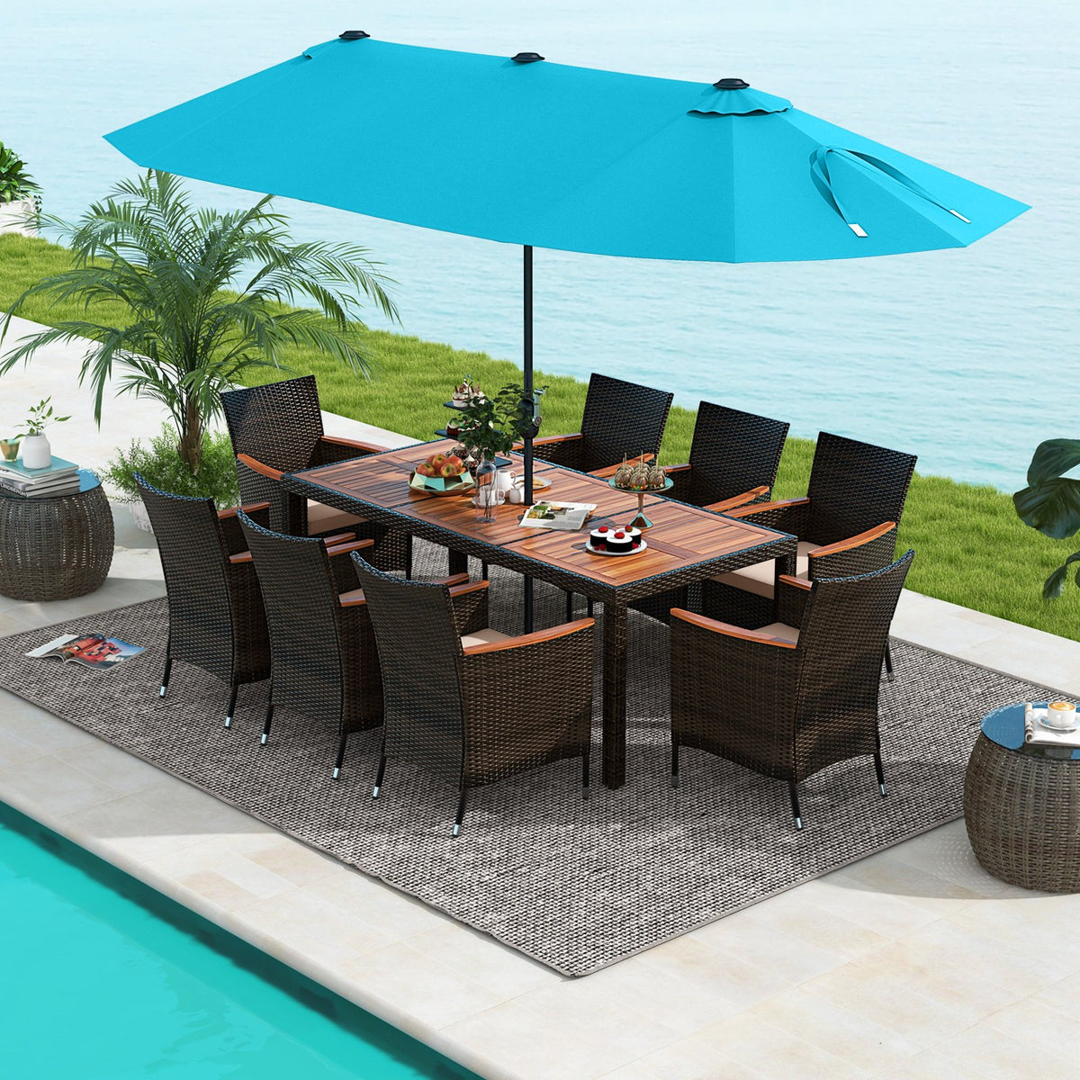 11 Pieces Patio Dining Set 15ft Double-Sided Patio Umbrella (Base Included) and Outdoor Rattan Furniture Set with 8 Stackable Chairs-Turquoise view 2