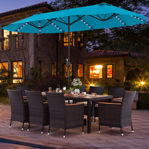 11 Pieces Patio Dining Set 15ft Double-Sided Patio Umbrella (Base Included) and Outdoor Rattan Furniture Set with 8 Stackable Chairs-Turquoise view 3